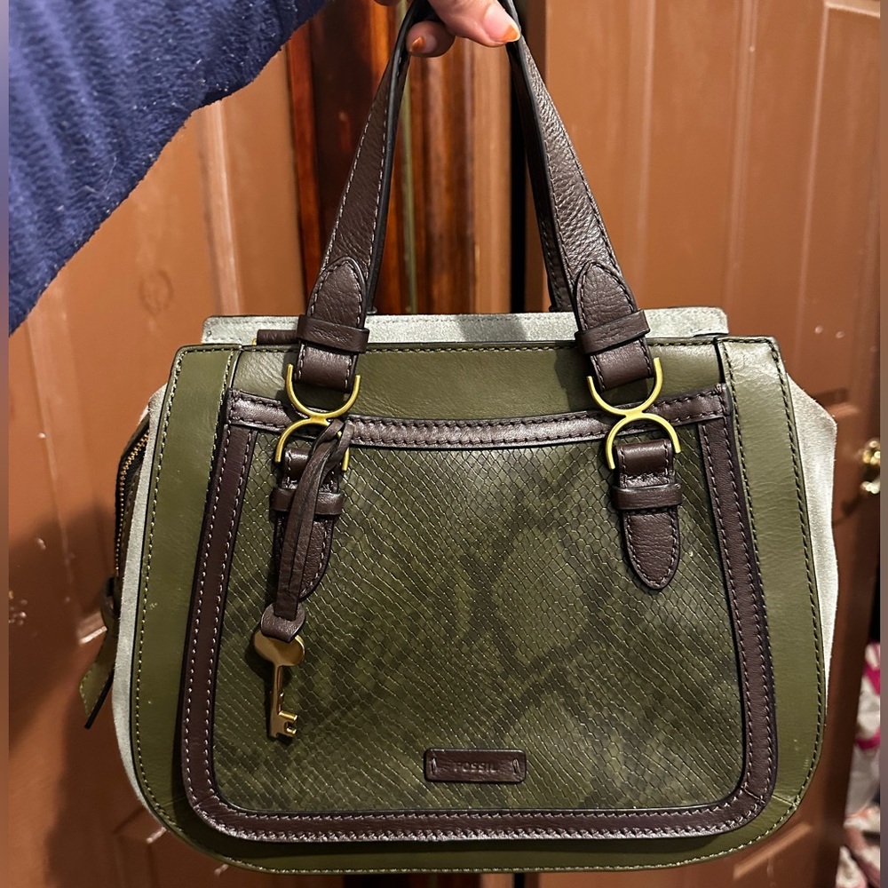 Fossil Green Alligator Leather Print and Dark Brown Satchel Handbag